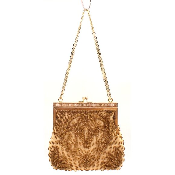 Fine Arts Bag NY Gold Metallic Bead Clutch Evening Bag Chain Strap Kiss Lock Vtg - Picture 1 of 15
